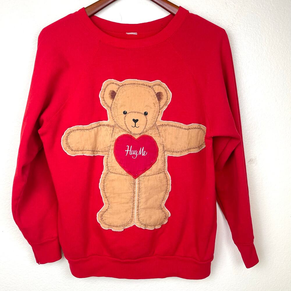 Vintage Womens Sweatshirt‎ Sz M Granny Bear Heart Patchwork Embellished Grandma